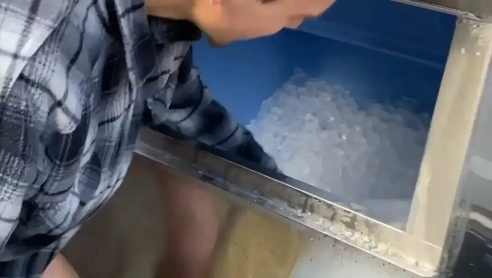 A person wearing a plaid flannel shirt scoops ice from a large industrial ice machine at Eltham Wellness Centre. The ice is being prepared for use in ice baths, supporting cold therapy and recovery sessions. The stainless steel interior and neatly stacked ice cubes highlight the facility's professional setup for wellness treatments.